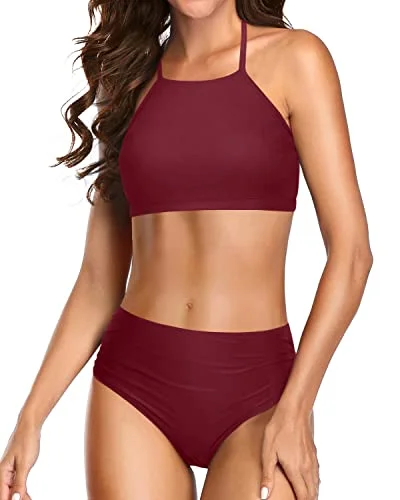 Striped bikini with a classic pattern for a timeless beach aestheticAdjustable Halter Tie String Bikini Sets For Women Bathing Suits-Maroon