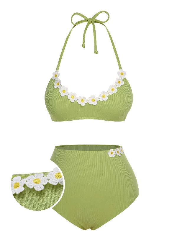 Sustainable bikini made from recycled materials for eco - conscious beachgoersLight Green 1960s Halter Knit Daisy Swimsuit