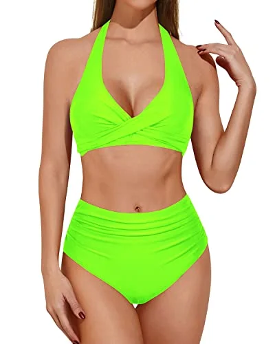 High - waisted bikini for a retro and tummy - flattering lookPush Up Two Piece Bikini With High Waisted Bottoms Tummy Control Bathing Suit-Neon Green