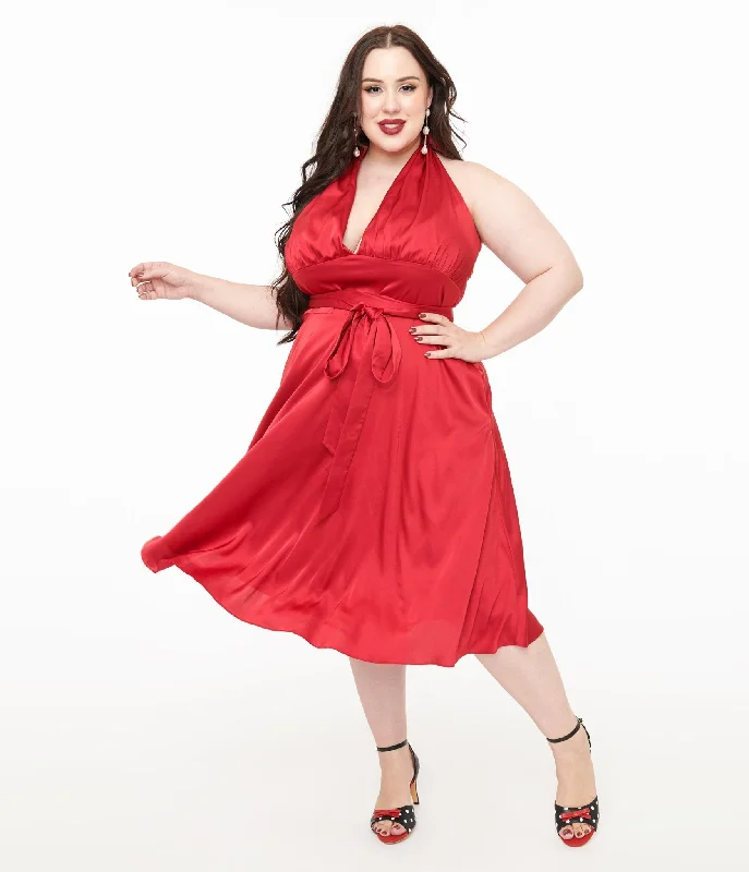 Sleeveless Women Dress in Bright Colors for Summer PartiesUnique Vintage Plus Size Red Satin Halter Swing Dress