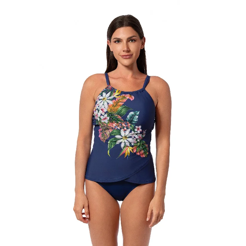 Sustainable bikini made from recycled materials for eco - conscious beachgoersPALM DELIGHT AUDREY DRAPE TANKINI TOP