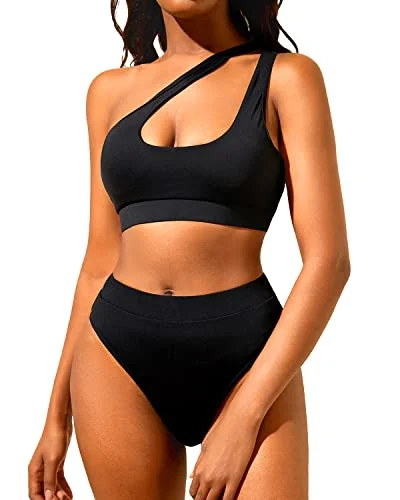 High - waisted bikini for a retro and tummy - flattering lookTwo Piece Swimsuits for Women One Shoulder High Waisted Bikini Set