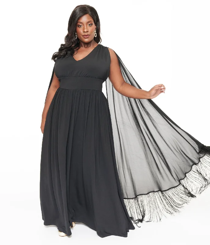 Mermaid - Style Women Dress with a Fitted Silhouette for Special OccasionsSmak Parlour Plus Size 1970s Black Fringe Cape Maxi Dress