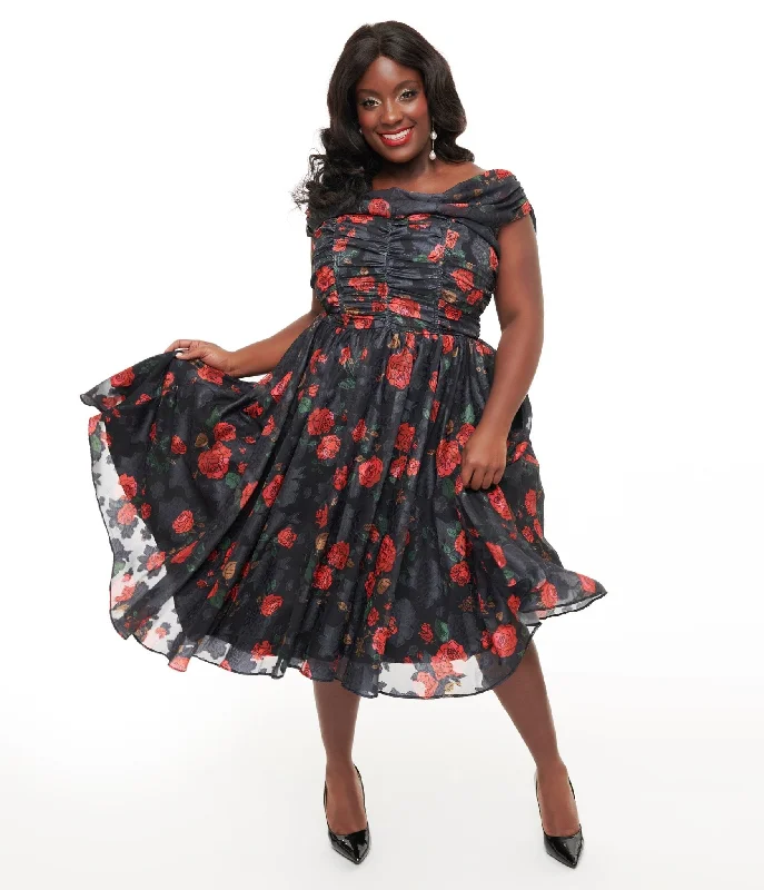 Printed Abstract Women Dress for a Modern and Artistic AppealUnique Vintage Plus Size 1950s Black & Red Rose Off The Shoulder Cocktail Dress