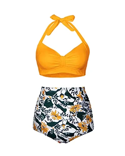 Push - up bikini top to enhance the bust for a confident beach appearanceRuched Twist 50S Style Retro Swimwear High Waisted Bikini Set For Women-Yellow Floral