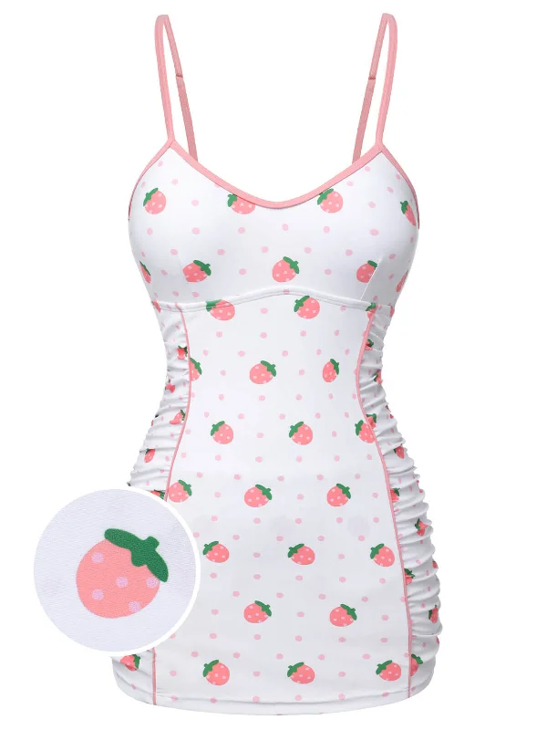 Striped bikini with a classic pattern for a timeless beach aestheticWhite & Pink 1950s Strawberry Pleated Swimsuit