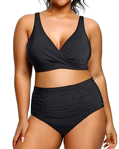 Sports bikini for high - intensity water activities like surfingPlus Size High Waist Bikini Tummy Control Bathing Suits Twist Front Swimwear-Black