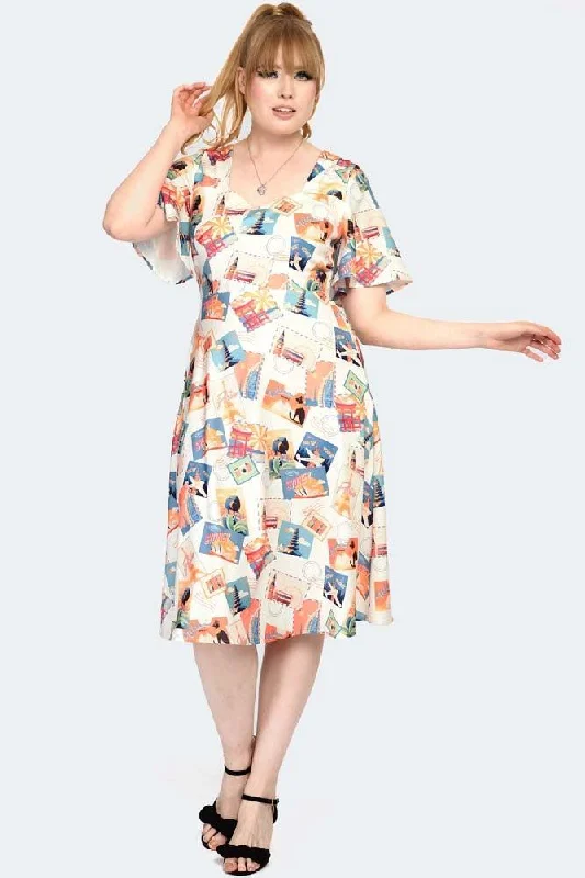 Mini Women Dress with a Short Hem for a Young and Trendy StylePostcard Print Midi Dress