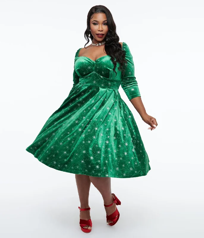 Mini Women Dress with a Short Hem for a Young and Trendy StyleUnique Vintage Plus Size 1950s Green & Silver Snowflake Velvet Lamar Swing Dress