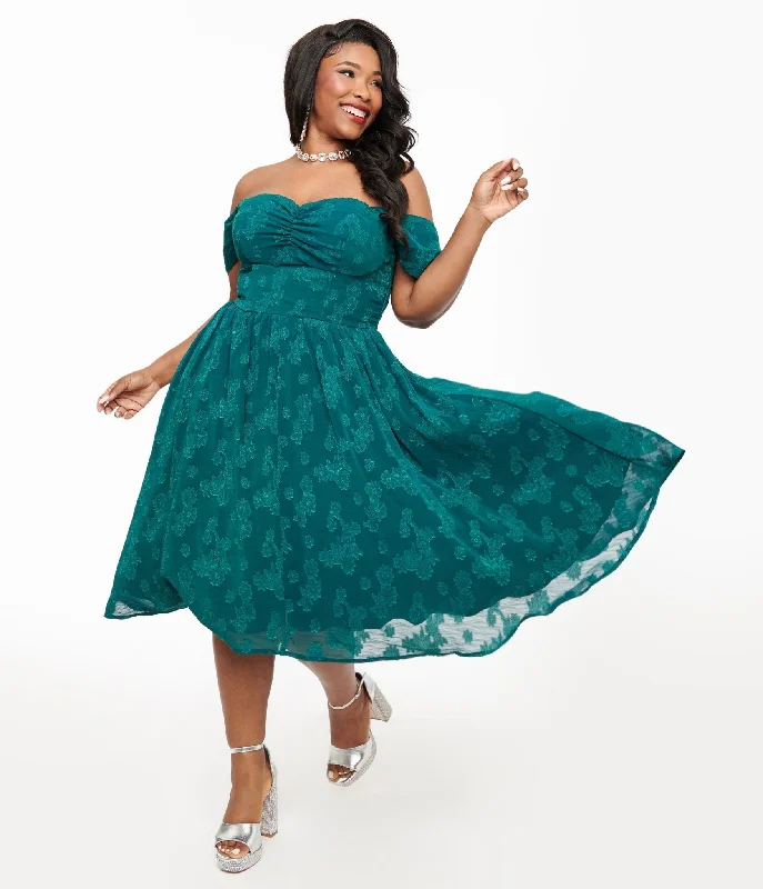 Printed Abstract Women Dress for a Modern and Artistic AppealUnique Vintage Plus Size 1950s Teal Jacquard Off Shoulder Flare Dress