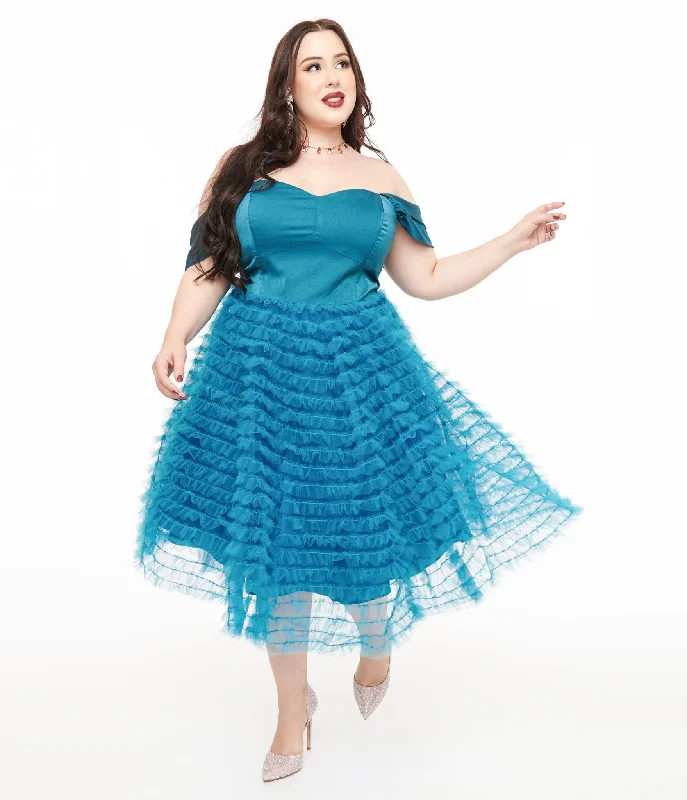 Off - the - Shoulder Women Dress for a Romantic and Feminine LookUnique Vintage Plus Size 1950s Teal Mesh Tulle Off The Shoulder Swing Dress