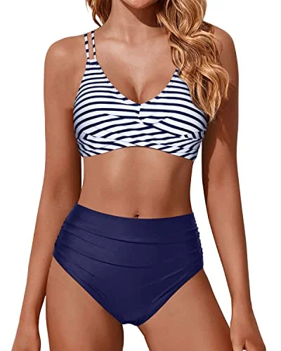 Maternity bikini for expecting mothers to enjoy the beach comfortablyTwist Tie Back High Waisted Bikini Two Piece Swimsuits Push Up Wrap Swim Suits-Blue White Stripe