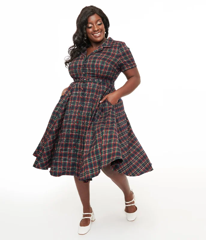 Plus Size Women Dress with a Flattering A - Line Cut for Comfort and StyleRoyal Monk Plus Size 1950s Green & Red Plaid Merry Holidays Swing Dress