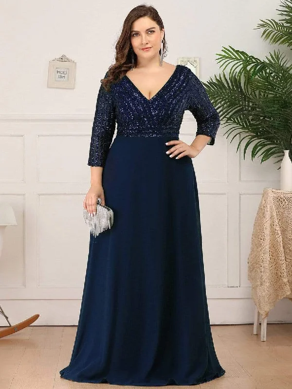 Long - Sleeve Women Dress in Velvet for a Luxurious Winter LookPlus Size V Neck A-Line Sequin Evening Dress with Sleeve