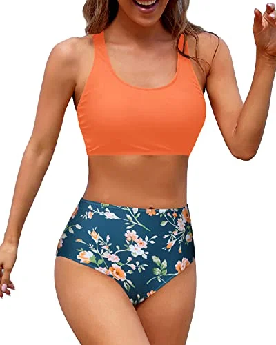 Neon - colored bikini to stand out on the beachFlattering Women's High Waisted Two Piece Bikini Sports Crop Top Swimsuit-Orange Flowers