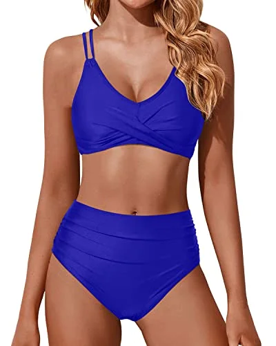 Long - line bikini top for added support and a fashionable lookRuched High Waisted Two Piece Bikini Set Push Up Swimsuits-Royal Blue