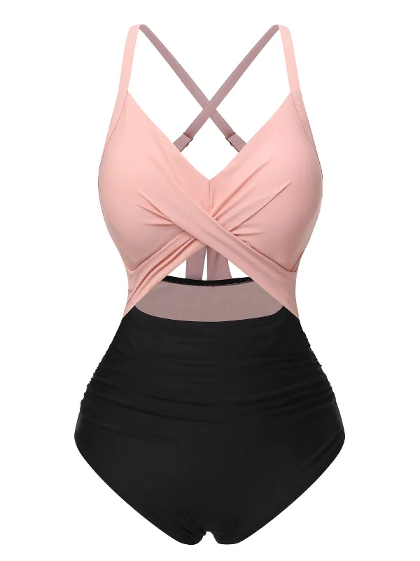 Tropical - themed bikini for a vacation - ready beach outfitPink & Black 1940s Hollow Waist Patchwork Swimsuit