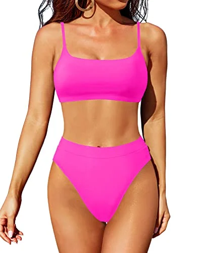 Metallic - finish bikini for a glamorous and eye - catching poolside lookScoop Neck High Waisted Bikini Set With Bottom For Women-Neon Pink