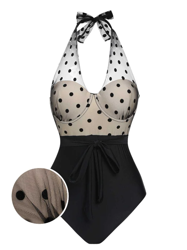 Ruched bikini with fabric gathers for a slimming effectBlack 1950s Halter Polka Dots Mesh Swimsuit