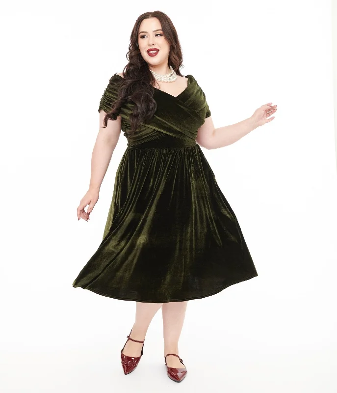 Off - the - Shoulder Women Dress for a Romantic and Feminine LookUnique Vintage Plus Size 1950s Olive Green Shirred Velvet Swing Dress