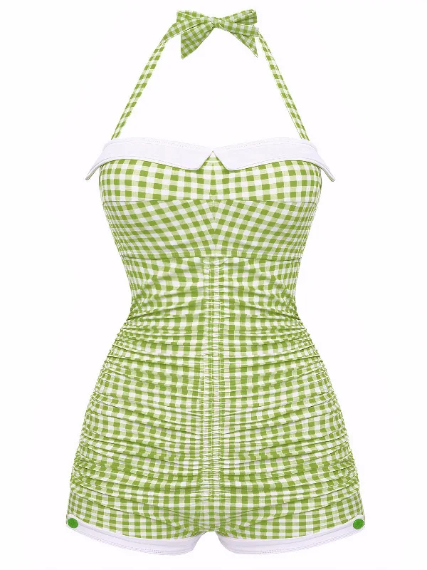 Push - up bikini top to enhance the bust for a confident beach appearanceGingham 1950s Halter Bowknot One-piece Swimsuit