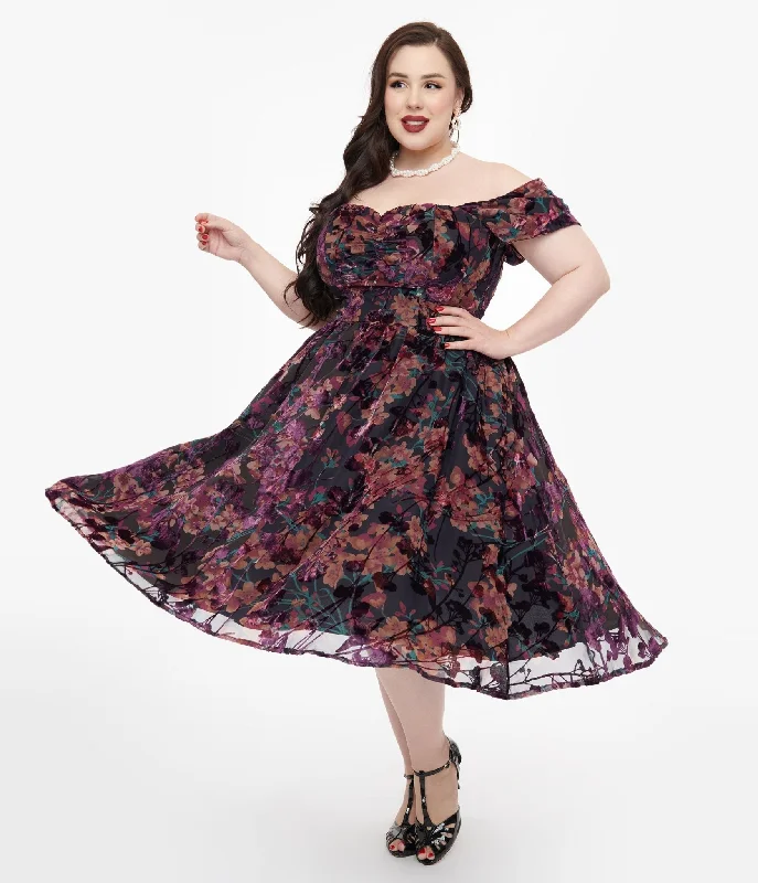 Pleated Women Dress with a Timeless and Elegant TextureUnique Vintage Plus Size 1950s Purple Floral Velvet Burnout Off Shoulder Flare Dress