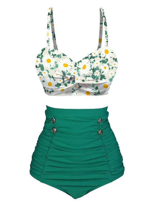 Convertible bikini that can be worn in multiple styles for versatilityGreen 1950s Daisy Strap Pleated Swimsuit