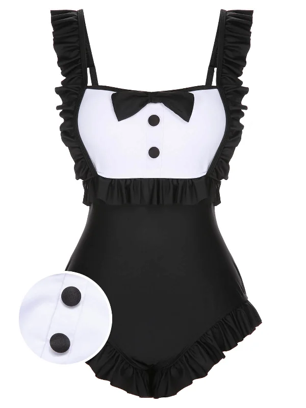 String bikini for a minimalistic and sexy beach styleBlack 1960s Tuxedo Ruffle Strap Swimsuit