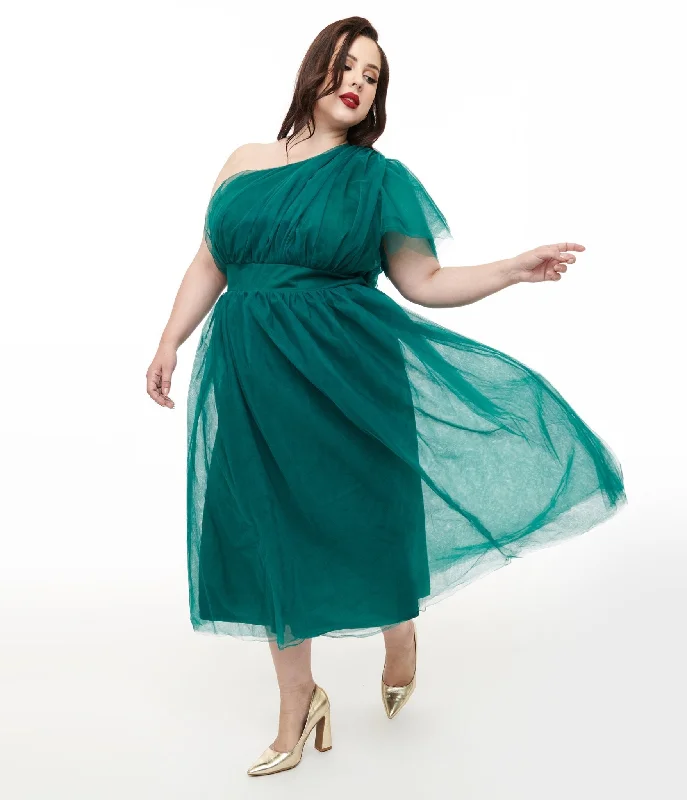 Off - the - Shoulder Women Dress for a Romantic and Feminine LookPlus Size Emerald Tulle Lively Charm Midi Dress