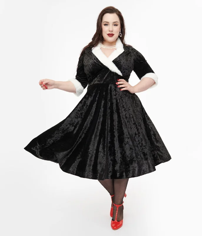 Printed Abstract Women Dress for a Modern and Artistic AppealUnique Vintage Plus Size 1950s Black Crushed Velvet & White Fur Delores Swing Dress