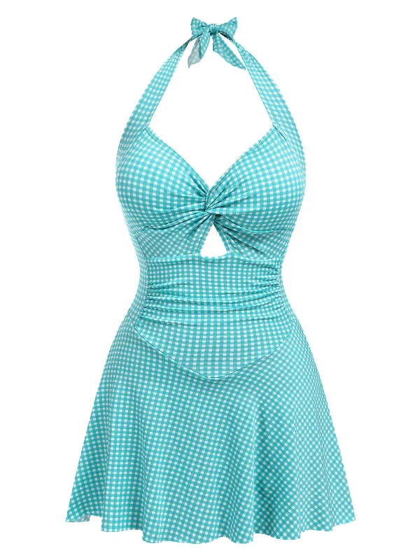 Tropical - themed bikini for a vacation - ready beach outfitBlue Green 1930s Plaid Halter One-Piece Swimsuit