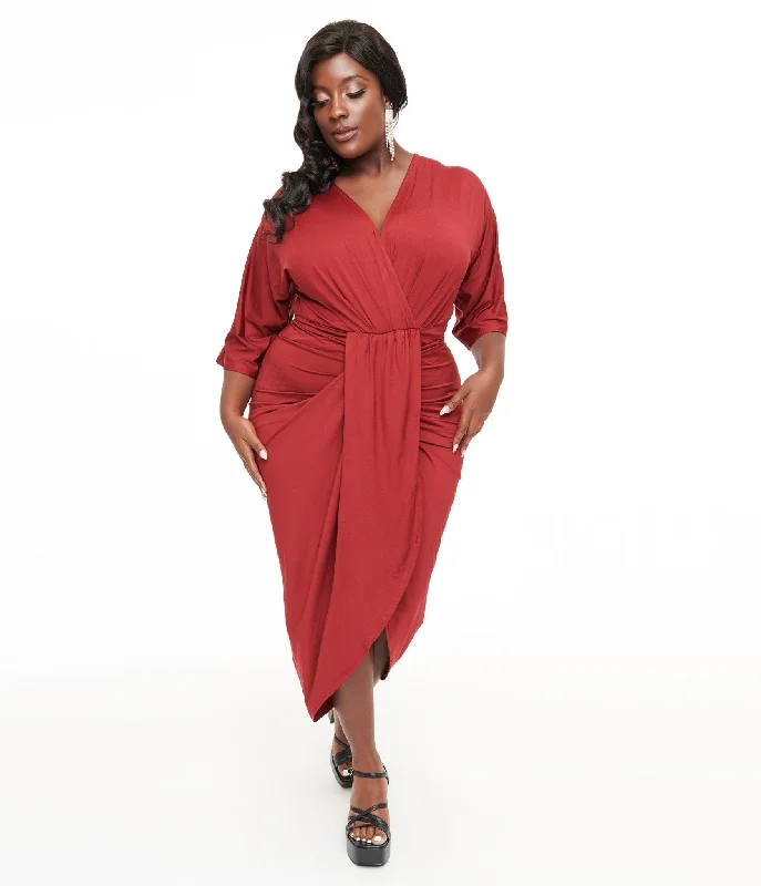 Wrap - Style Women Dress with Adjustable Fit for All Body TypesPlus Size Burgundy Ruched Wiggle Dress