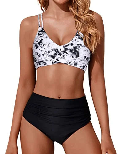 Ruched bikini with fabric gathers for a slimming effectSexy Women High Waisted Bikini Set Push Up Wrap Swimsuit-Black And White Tie Dye