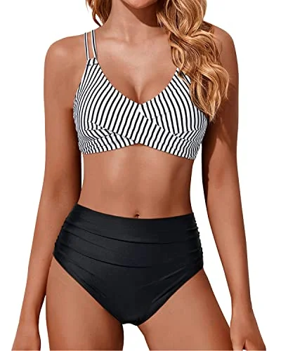 Monokini - style bikini with a unique one - piece - meets - bikini designWomen High Waisted Bikini Set Two Piece Swimsuits Push Up Wrap Swim Suits-Black And White Stripe