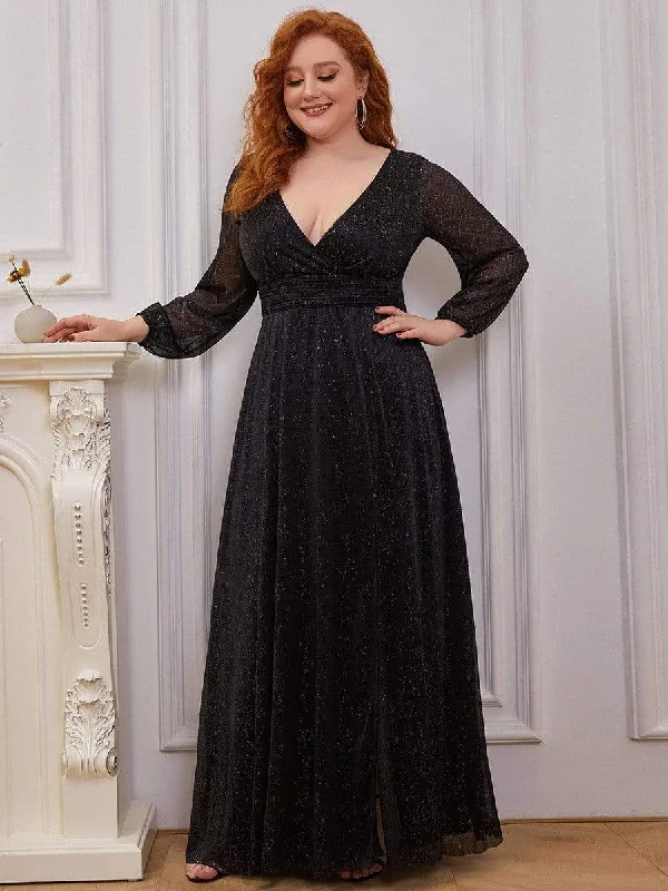 Off - the - Shoulder Women Dress for a Romantic and Feminine LookPlus Size V-Neck Shiny Puff Sleeve Evening Dress for Women