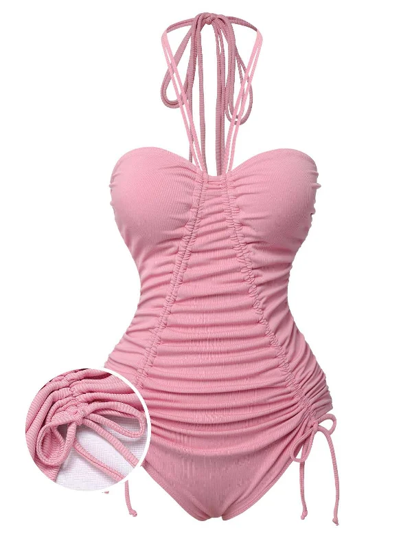 Sports bikini for high - intensity water activities like surfingPink 1950s Halter Pleated Solid One-Piece Swimsuit