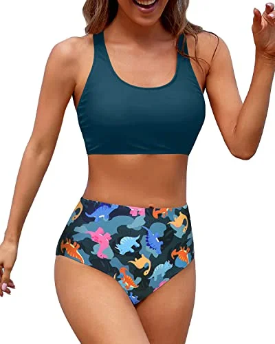 Floral - printed bikini for a feminine and colorful beach vibeWomen's Scoop Neck Bathing Suit For Teen Girls With Bottom-Blue Green Dinosaur