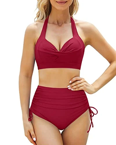 Sports bikini for high - intensity water activities like surfingAdjustable Self Tie Halter Tummy Control Bikini Set For Women-Red