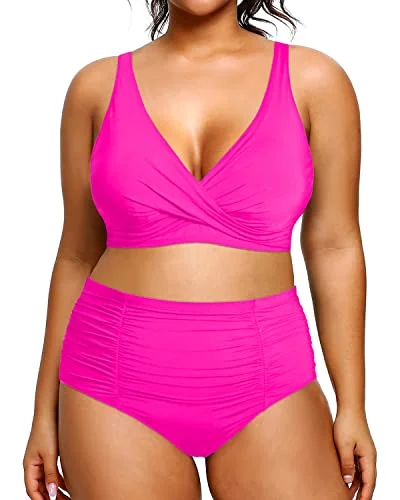 Plus - size bikini with full - coverage options for comfort and confidenceRuched 2 Piece Plus Size Bikini High Waisted Swimsuits Tummy Control Bathing Suits-Neon Pink