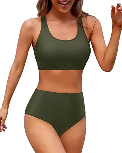 Long - line bikini top for added support and a fashionable lookFlattering Women's High Waisted Two Piece Bikini Sports Swimsuit-Army Green