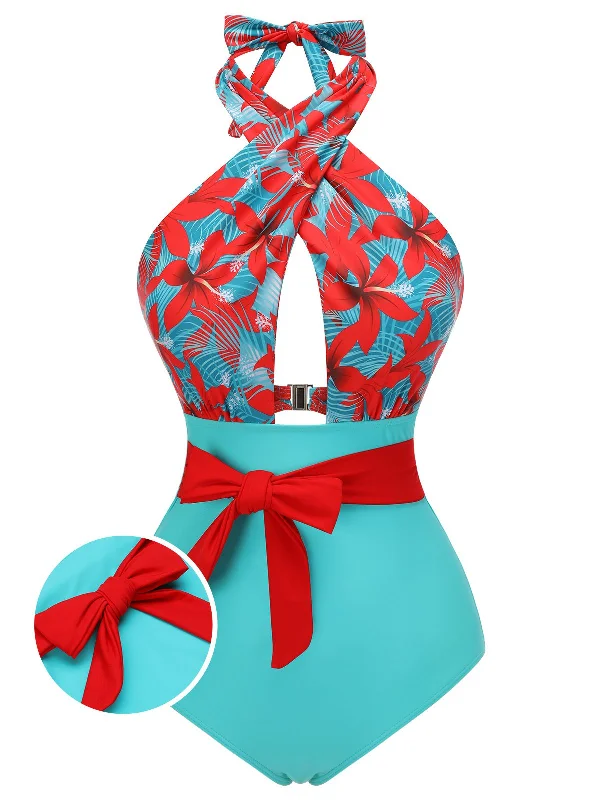 High - performance bikini with quick - drying fabric for active swimmers1950s Bow Tie Floral Cross Straps Swimsuit