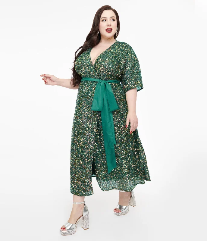 Strapless Women Dress with a Built - in Bra for Comfort and SupportUnique Vintage Plus Size 1960s Green Sequin Wrap Midi Dress