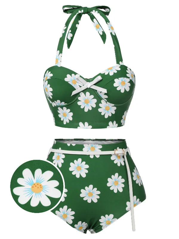 Metallic - finish bikini for a glamorous and eye - catching poolside lookGreen 1930s Daisy Halter Swimsuit