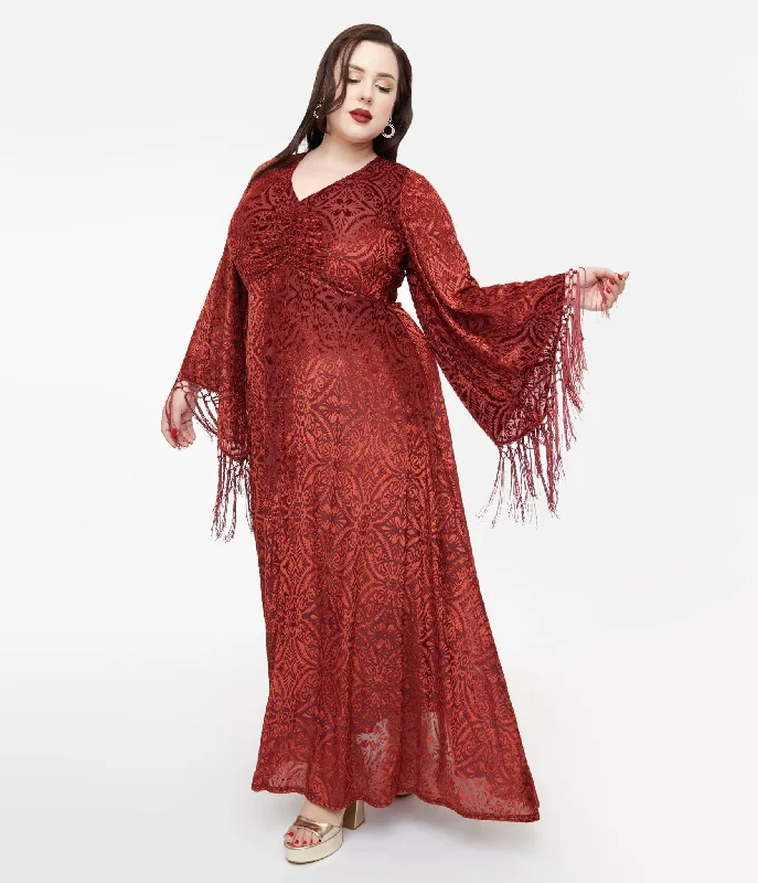 Ball Gown Women Dress with a Full Skirt for a Princess - like LookSmak Parlour Plus Size 1970s Burgundy Velvet Burnout Fringe Sleeve Maxi Dress