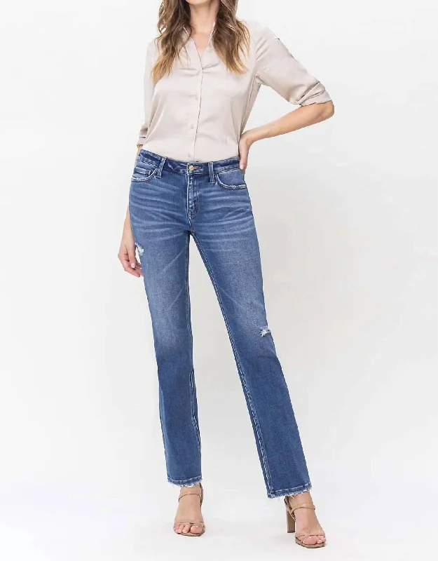 Metallic women trousers for a glamorous and eye - catching styleDistressed Straight Jean In Midwash Blue