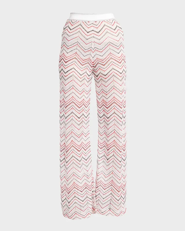 Palazzo women trousers for a flowy and comfortable feelMid-Rise Chevron Pointelle Knit Straight-Leg Pull-On Trousers