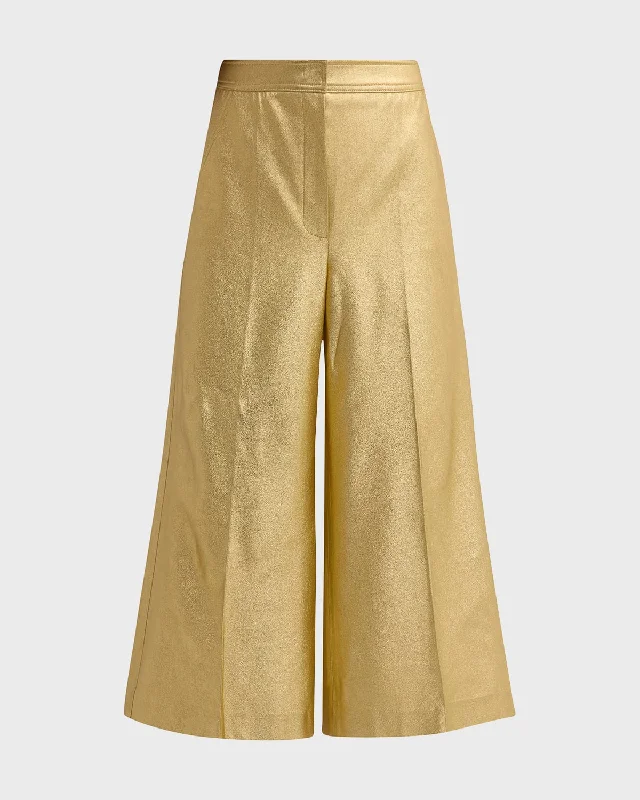 Leather women trousers for a bold and edgy lookMid-Rise Metallic Wide-Leg Ankle Pants