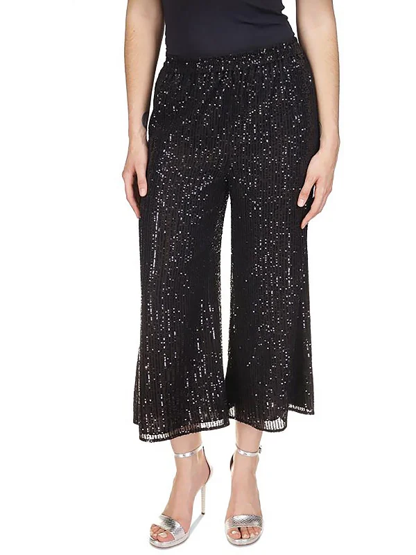 Wide - leg women trousers for a modern and elegant stylePetites Womens Sequined Wide Leg Cropped Pants