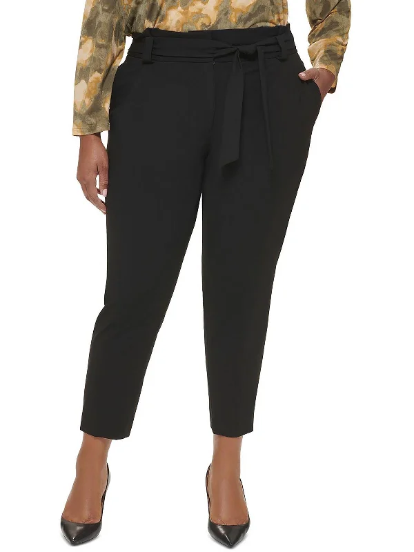 Striped women trousers with a nautical or modern patternPlus Womens High Rise Tie-Waist Ankle Pants