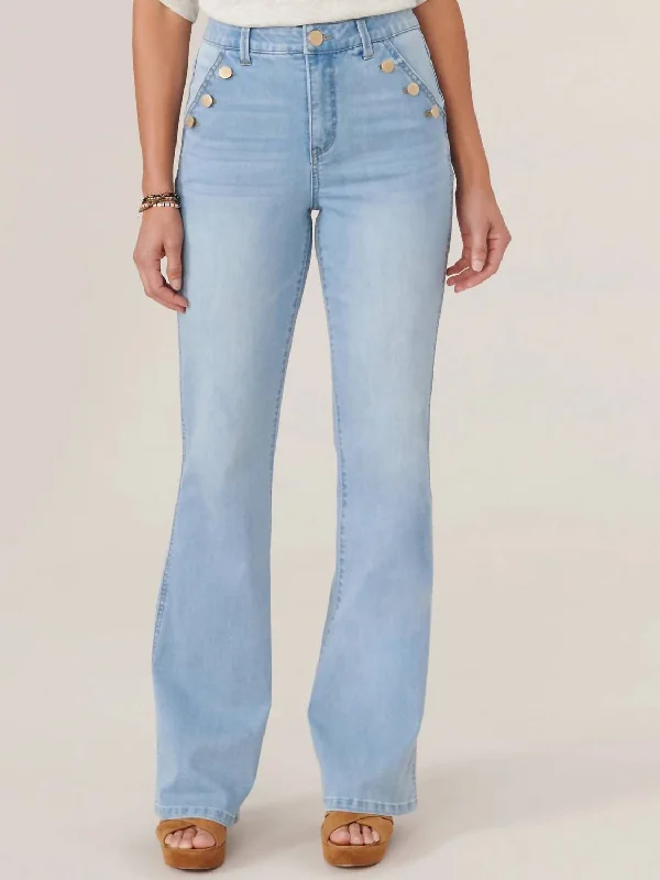 Plus - size women trousers for a perfect fit and confidenceSkyrise Long Flare Jean With Angled Button-Lined Pockets In Powder Blue Artisanal Denim